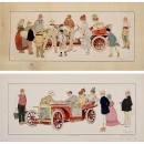 2张老爷车广告宣传画‘第一次郊游’和‘第一次汽车故障’ 1906年