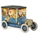 饼干盒:坐在老式汽车里的圣诞老人, 约1920年