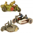3 Tin Toy Motorcycles with Sidecars, c. 1940
