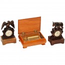 2 Carved Musical Alarm Clocks, c. 1940
