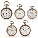 5 Swiss Silver Pocket Watches, c. 1900