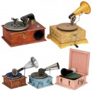 5 Toy Gramophones with Wood Cases, c. 1930