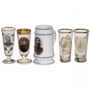 Beer Mug and 4 Beer Glasses with Enamel Photographs