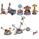 8 Lithographed Circus Tin Toys and Fairground Carousels, c. 1950