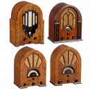 Four Radio Receivers in Cathedral-Shaped Wood Cases