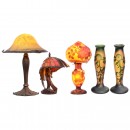 3 Art-Nouveau-Style Table Lamps and 2 Vases, c. 1990