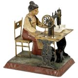 Günthermann制造的铅皮玩具:使用缝纫机的妇女, 约1905年