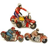 3 Lithographed Tin Toy Motorcyclists, from 1940