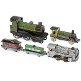 3 Tin Toy Locomotives and 2 Wagons, 1925 onwards