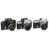 Nikon F Eyelevel and 2 Nikon FTn Cameras (Chrome and Black)